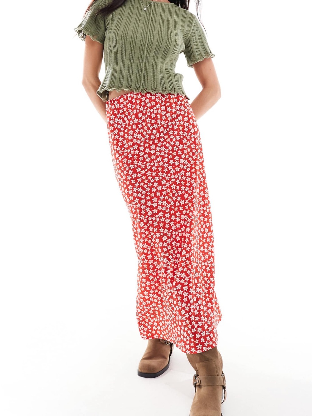 Wednesday’s Girl Ditsy Print Bias Cut Midi Skirt in Red